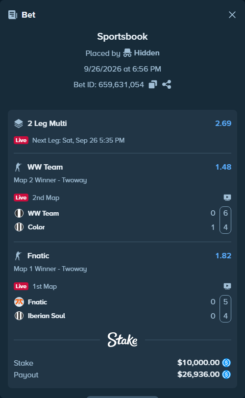 Bet slip: WW Team - Color, $10,000.00 stake at 1.48 odds, placed by Hidden