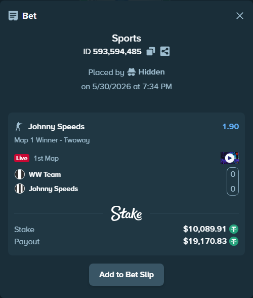 Bet slip: WW Team - Johnny Speeds, $10,100.00 stake at 1.90 odds, placed by Hidden