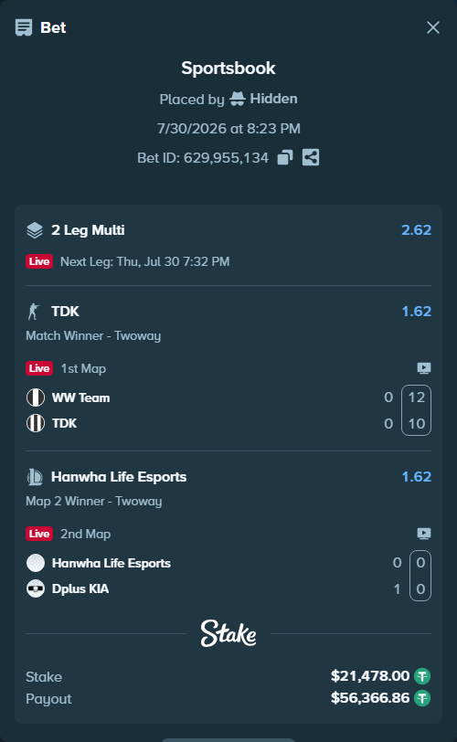 Bet slip: WW Team - TDK, $21,499.48 stake at 1.62 odds, placed by Hidden