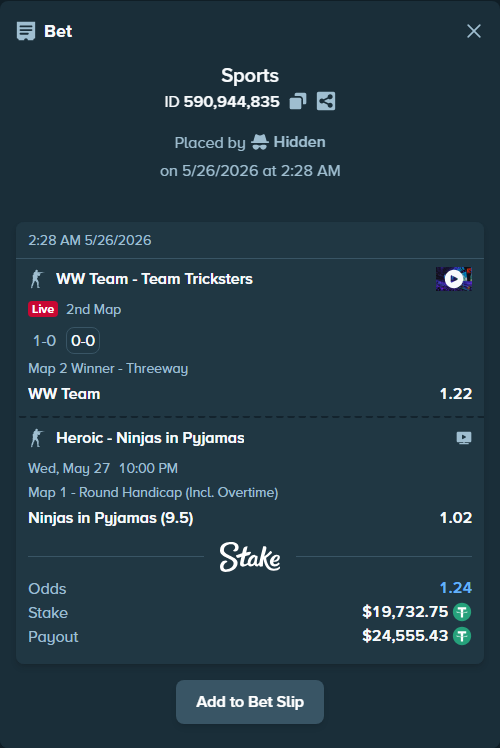 Bet slip: WW Team - Team Tricksters, $19,732.75 stake at 1.22 odds, placed by Hidden