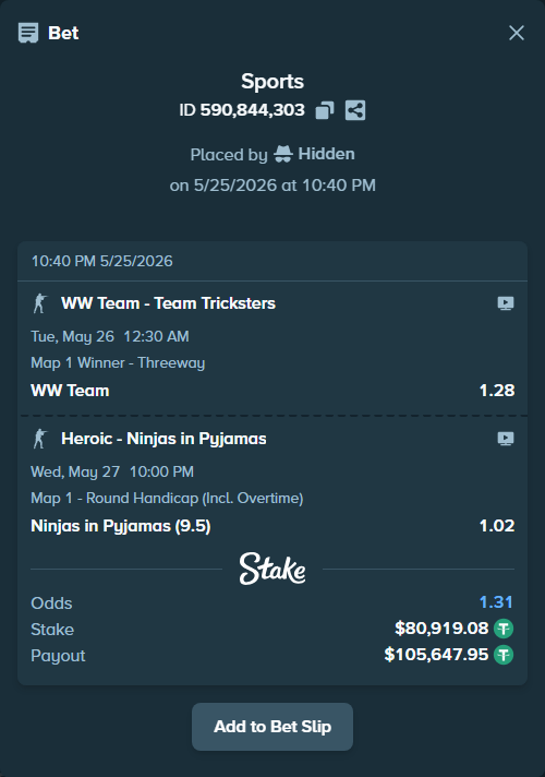 Bet slip: WW Team - Team Tricksters, $81,000.00 stake at 1.28 odds, placed by Hidden