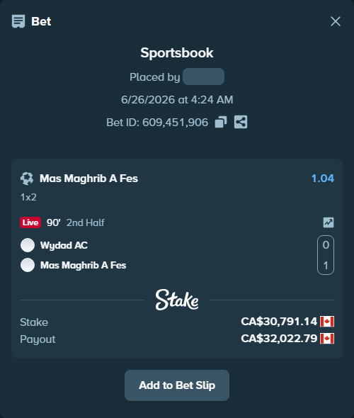 Bet slip: Wydad AC - Maghreb AS de Fes, $22,785.44 stake at 1.04 odds, placed by DZertwarrior18