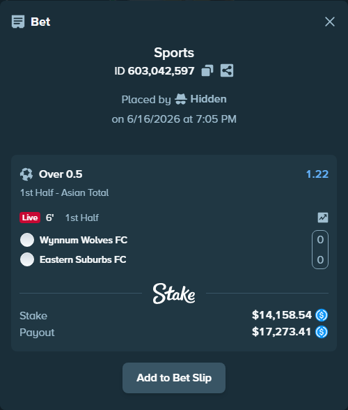 Bet slip: Wynnum Wolves FC - Eastern Suburbs FC, $14,158.54 stake at 1.22 odds, placed by Hidden
