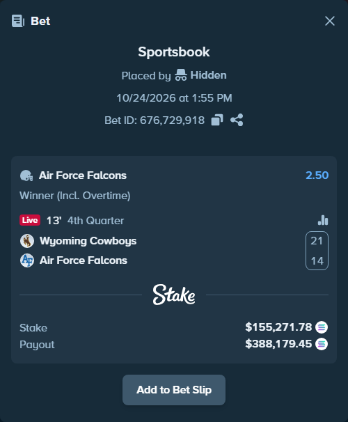 Bet slip: Wyoming Cowboys - Air Force Falcons, $155,161.92 stake at 2.50 odds, placed by Prettylfacko98