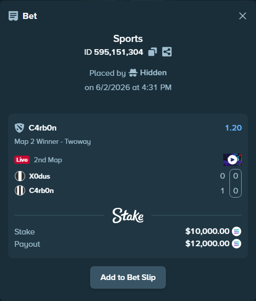 Bet slip: X0dus - C4rb0n, $9,242.32 stake at 1.20 odds, placed by Hidden