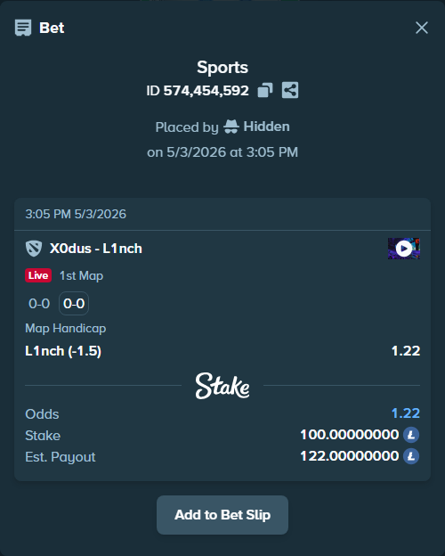 Bet slip: X0dus - L1nch, $4,450.00 stake at 1.22 odds, placed by Hidden