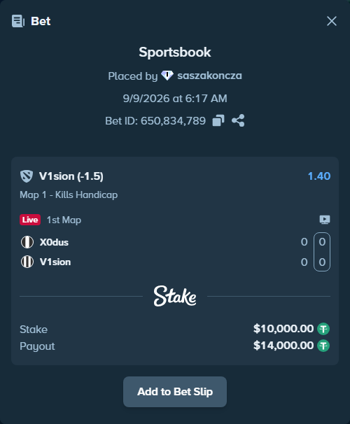 Bet slip: X0dus - V1sion, $10,000.00 stake at 1.40 odds, placed by saszakoncza