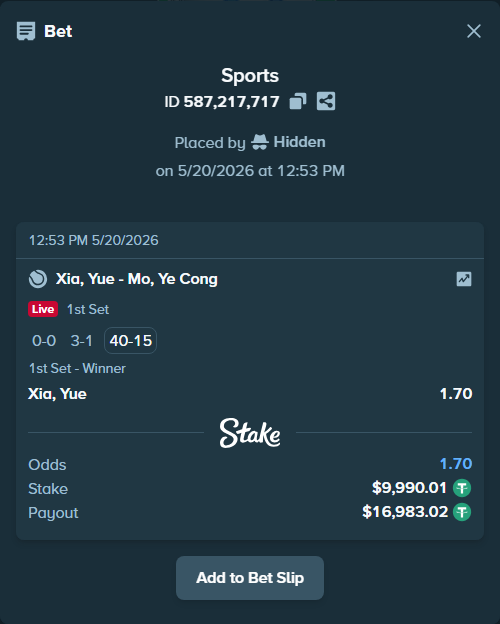 Bet slip: Xia, Yue - Mo, Ye Cong, $10,000.00 stake at 1.70 odds, placed by Hidden