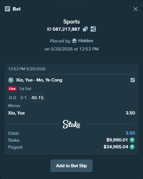 Bet slip: Xia, Yue - Mo, Ye Cong, $10,000.00 stake at 3.50 odds, placed by Hidden