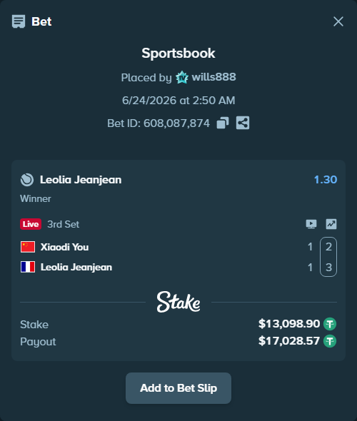 Bet slip: Xiaodi You - Leolia Jeanjean, $13,112.00 stake at 1.30 odds, placed by wills888