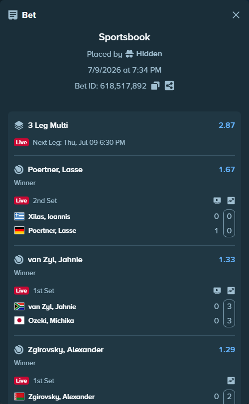 Bet slip: Xilas, Ioannis - Poertner, Lasse, $30,000.00 stake at 1.67 odds, placed by Hidden