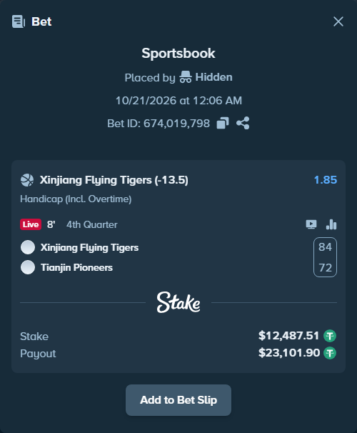 Bet slip: Xinjiang Flying Tigers - Tianjin Pioneers, $12,500.00 stake at 1.85 odds, placed by Hidden