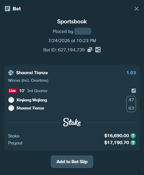 Bet slip: Xinjiang Tianshan - Shaanxi Tianze, $16,706.69 stake at 1.03 odds, placed by liliamaria