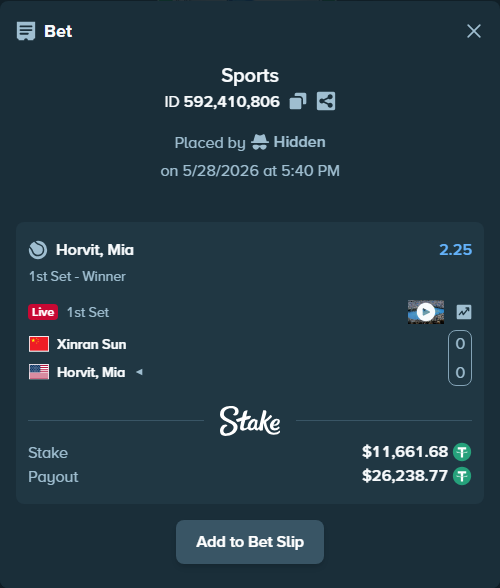 Bet slip: Xinran Sun - Horvit, Mia, $11,685.00 stake at 2.25 odds, placed by Hidden