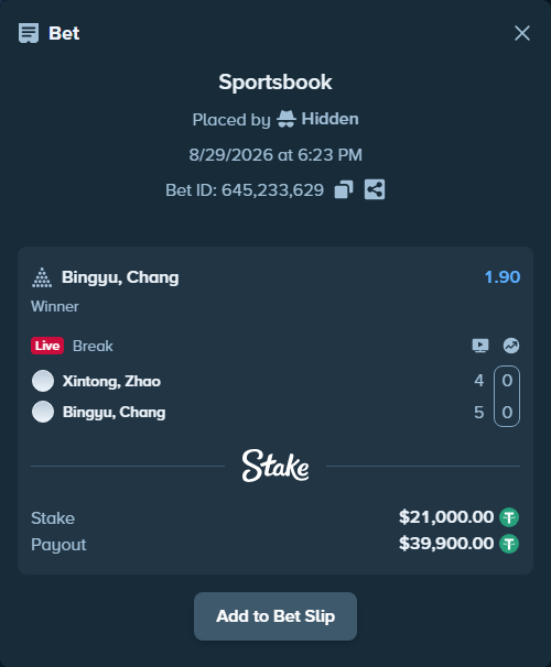 Bet slip: Xintong, Zhao - Bingyu, Chang, $21,000.00 stake at 1.90 odds, placed by Hidden