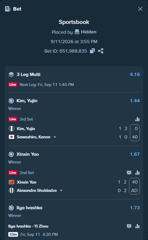 Bet slip: Xinxin Yao - Alexandra Shubladze, $10,000.00 stake at 1.67 odds, placed by Hidden