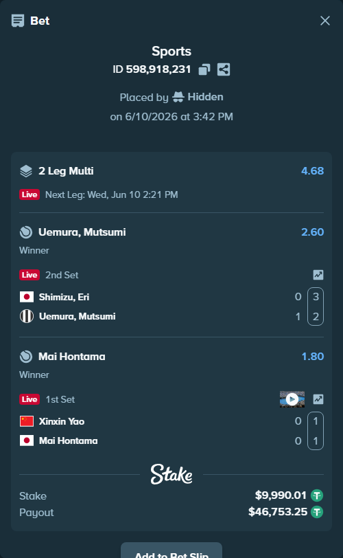 Bet slip: Xinxin Yao - Mai Hontama, $10,000.00 stake at 1.80 odds, placed by Hidden