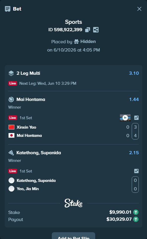 Bet slip: Xinxin Yao - Mai Hontama, $10,000.00 stake at 1.44 odds, placed by Hidden