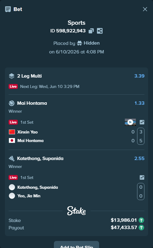 Bet slip: Xinxin Yao - Mai Hontama, $14,000.00 stake at 1.33 odds, placed by Hidden
