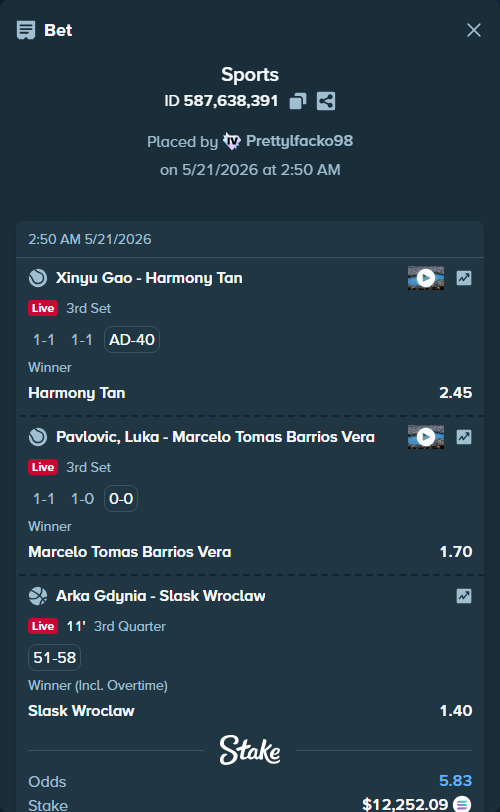 Bet slip: Xinyu Gao - Harmony Tan, $10,406.35 stake at 2.45 odds, placed by Prettylfacko98