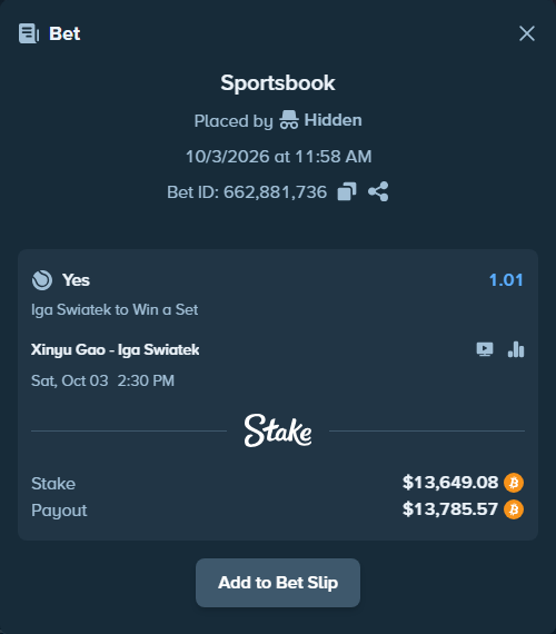 Bet slip: Xinyu Gao - Iga Swiatek, $12,450.16 stake at 1.01 odds, placed by megah29