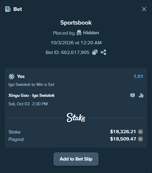 Bet slip: Xinyu Gao - Iga Swiatek, $15,000.00 stake at 1.01 odds, placed by Hidden