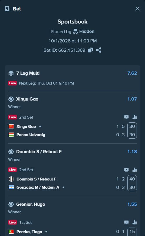 Bet slip: Xinyu Gao - Panna Udvardy, $19,997.70 stake at 1.07 odds, placed by Hidden