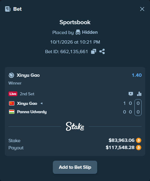 Bet slip: Xinyu Gao - Panna Udvardy, $84,152.00 stake at 1.40 odds, placed by Atte90