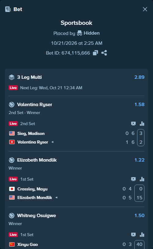 Bet slip: Xinyu Gao - Whitney Osuigwe, $30,000.00 stake at 1.50 odds, placed by Hidden