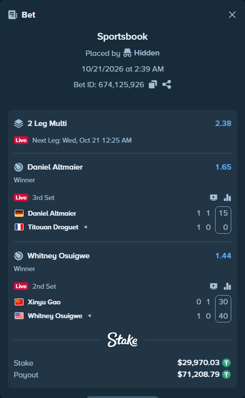 Bet slip: Xinyu Gao - Whitney Osuigwe, $30,000.00 stake at 1.44 odds, placed by Hidden