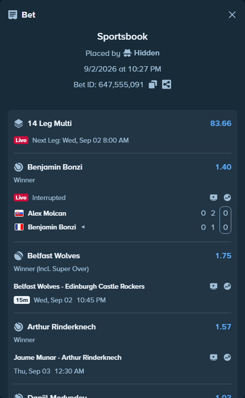 Bet slip: Xinyu Wang - Anna Kalinskaya, $13,151.92 stake at 1.43 odds, placed by Hidden
