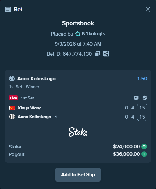 Bet slip: Xinyu Wang - Anna Kalinskaya, $24,000.00 stake at 1.50 odds, placed by N1kolayts