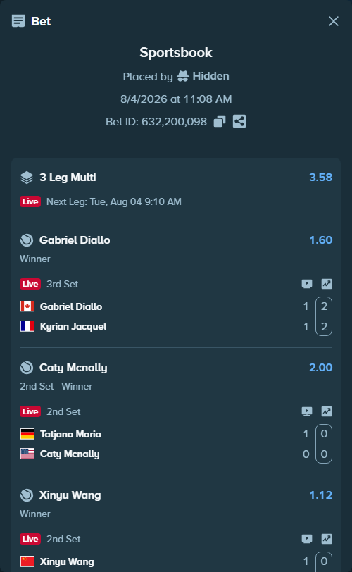 Bet slip: Xinyu Wang - Daria Kasatkina, $15,000.00 stake at 1.12 odds, placed by Hidden