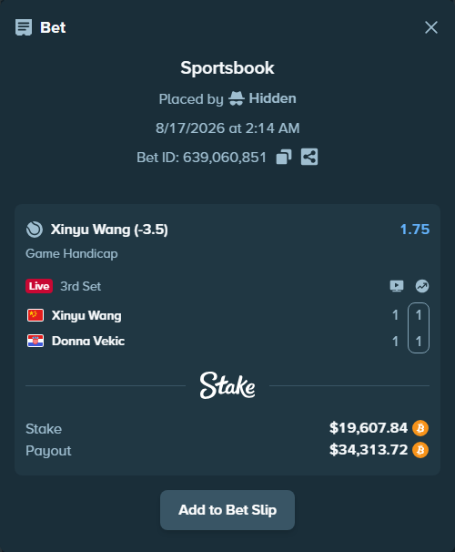 Bet slip: Xinyu Wang - Donna Vekic, $19,562.86 stake at 1.75 odds, placed by Hidden