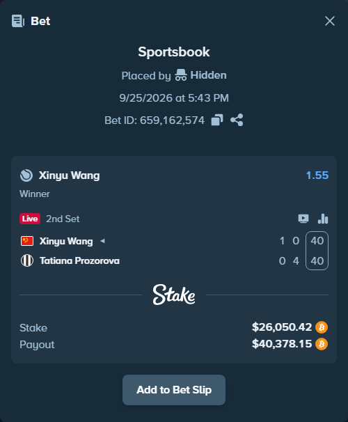 Bet slip: Xinyu Wang - Tatiana Prozorova, $25,977.07 stake at 1.55 odds, placed by Atte90