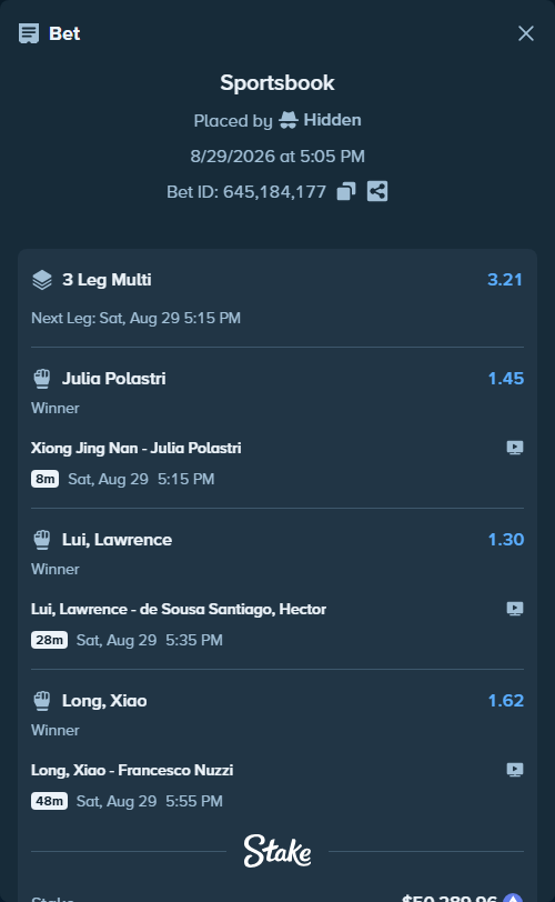 Bet slip: Xiong Jing Nan - Julia Polastri, $50,486.85 stake at 1.45 odds, placed by Hidden