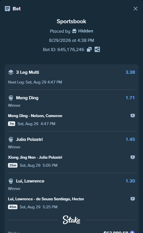 Bet slip: Xiong Jing Nan - Julia Polastri, $63,851.11 stake at 1.45 odds, placed by Hidden