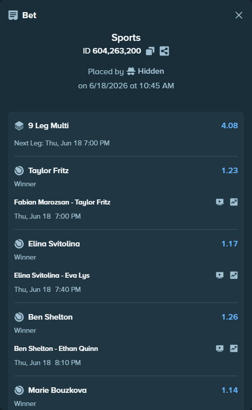 Bet slip: Xiyu Wang - Carole Monnet, $125,125.00 stake at 1.14 odds, placed by Hidden