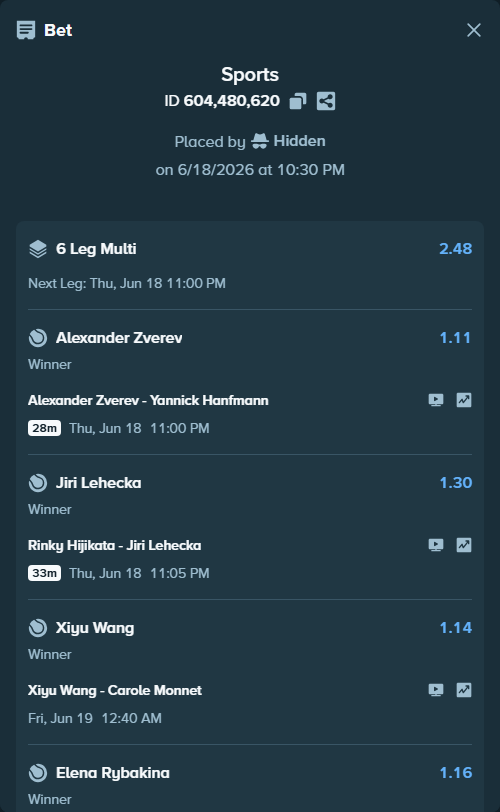 Bet slip: Xiyu Wang - Carole Monnet, $23,015.04 stake at 1.14 odds, placed by Hidden
