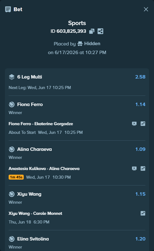 Bet slip: Xiyu Wang - Carole Monnet, $49,185.38 stake at 1.15 odds, placed by Hidden
