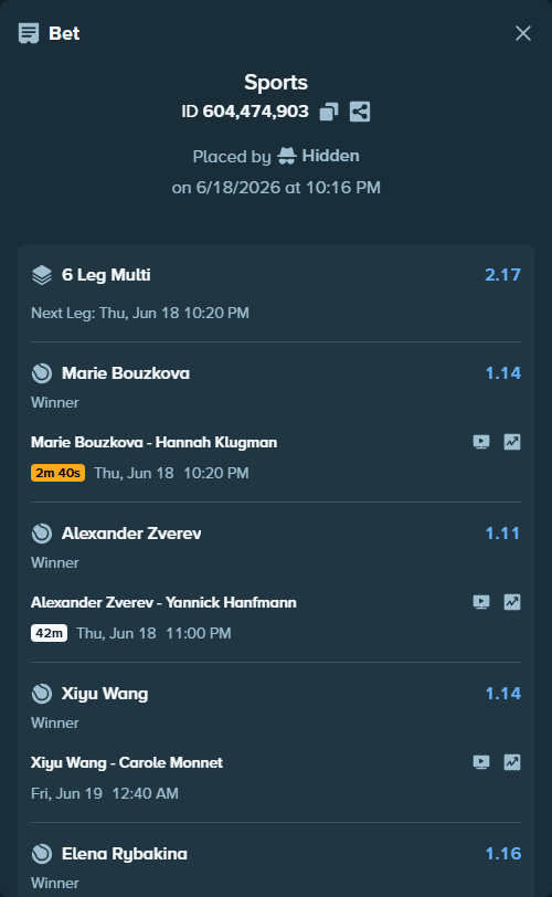 Bet slip: Xiyu Wang - Carole Monnet, $93,353.92 stake at 1.14 odds, placed by Hidden