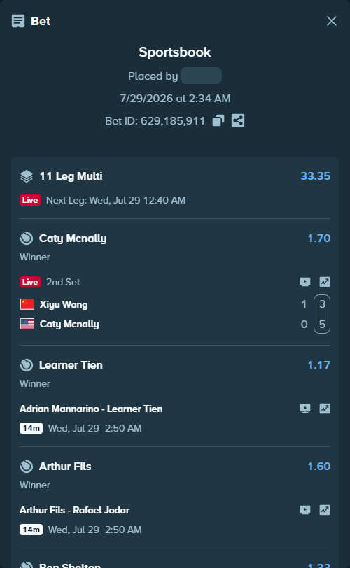 Bet slip: Xiyu Wang - Caty Mcnally, $10,314.00 stake at 1.70 odds, placed by Prettylfacko98