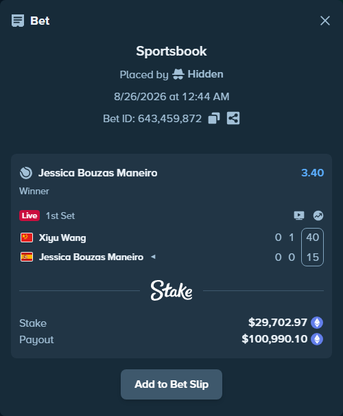 Bet slip: Xiyu Wang - Jessica Bouzas Maneiro, $29,383.56 stake at 3.40 odds, placed by Hidden