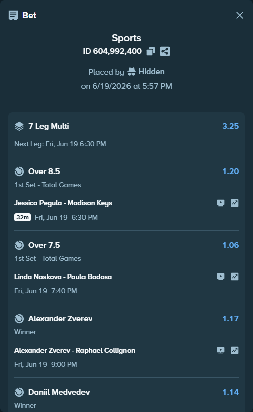 Bet slip: Xiyu Wang - Luisina Giovannini, $76,732.17 stake at 1.26 odds, placed by Hidden