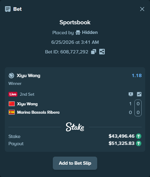 Bet slip: Xiyu Wang - Marina Bassols Ribera, $43,539.96 stake at 1.18 odds, placed by Hidden