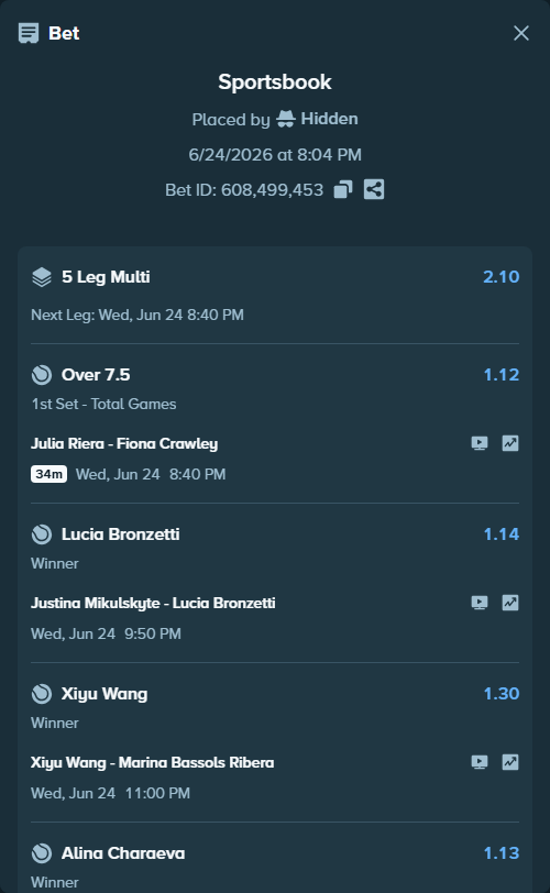 Bet slip: Xiyu Wang - Marina Bassols Ribera, $50,000.00 stake at 1.30 odds, placed by Hidden