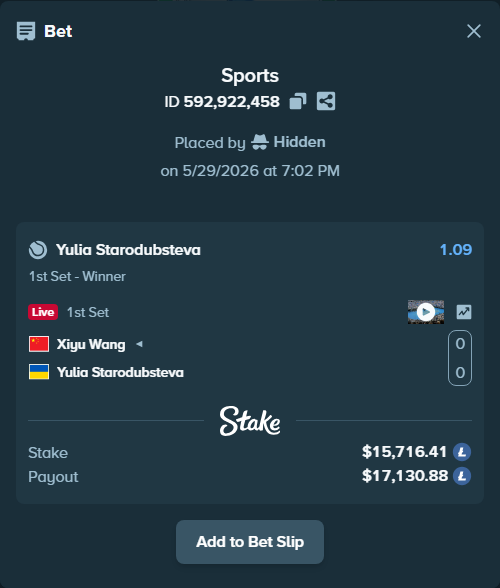 Bet slip: Xiyu Wang - Yulia Starodubsteva, $13,498.96 stake at 1.09 odds, placed by Hidden