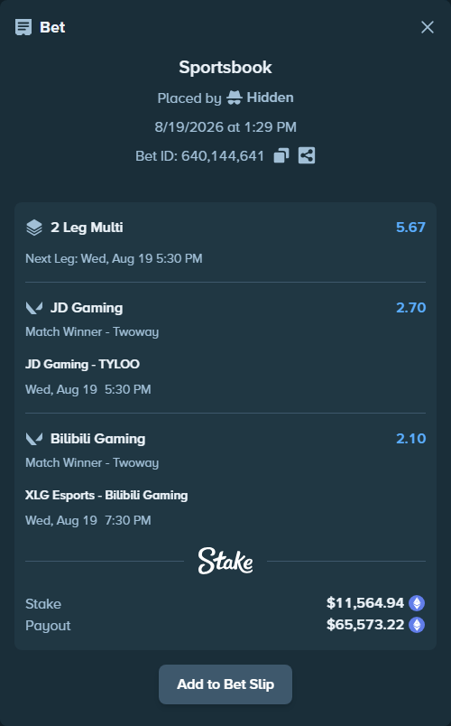 Bet slip: XLG Esports - Bilibili Gaming, $13,933.66 stake at 2.10 odds, placed by Hidden
