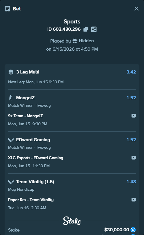 Bet slip: XLG Esports - EDward Gaming, $30,000.00 stake at 1.52 odds, placed by Hidden