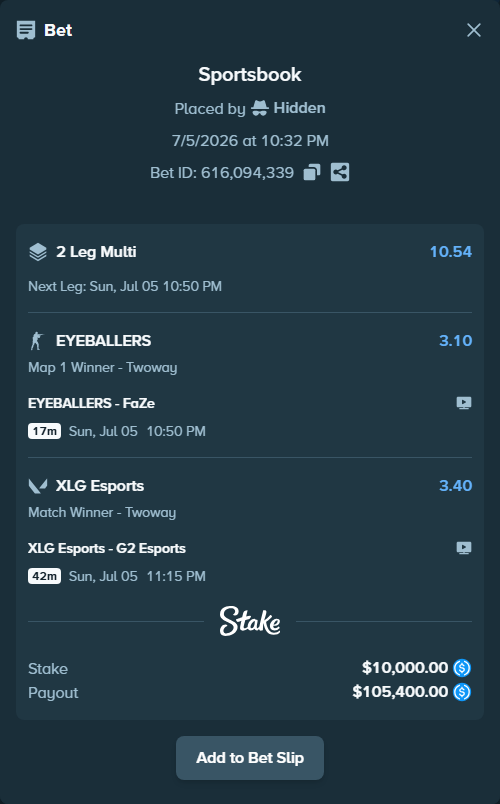 Bet slip: XLG Esports - G2 Esports, $10,000.00 stake at 3.40 odds, placed by Hidden